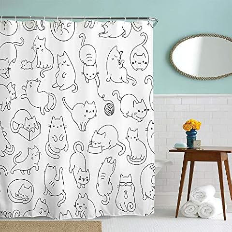 IcosaMro Cat Shower Curtain for Bathroom with Hooks, Black and White Cute Cartoon Colorful Kittens Funny Decorative Long Cloth Fabric Shower Curtain, 71x72 Inches Cover