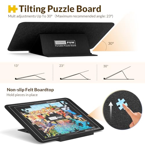 LOTMOFUN Puzzlebrett für 1000 Teile mit Patentiert verstellbarem Ständer, leichtes Filz-Puzzlebrett mit 6 Sortiertray und Abdeckung, tragbarer Puzzletisch mit Aufbewahrung und Rutschfester Oberfläche