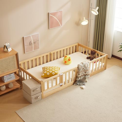 LALAHO Kinderbett 90×200 cm，Montessori Bodenbett mit Freiem Tor，mit Herausfallschutz & Lattenrost, Gitterbett Jugendbett Einzelbett – 2...