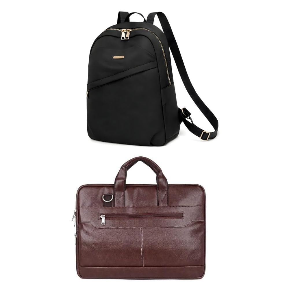 Backpack & 15.6 Inch Laptop Bag Combo Set for Men & Women – Black Stylish Backpack & Brown Office Laptop Bag | Waterproof Faux Leather Travel & Work Bags | Multi-Compartment Design-image-43