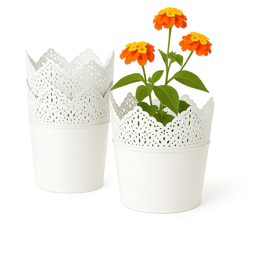 Home Garden Ornaments 4pcs Decorative Plastic Plant Pots, Lace Design, Pastel Colours, Glossy Finish Flower Pots (White, 16.5cm × 19cm)