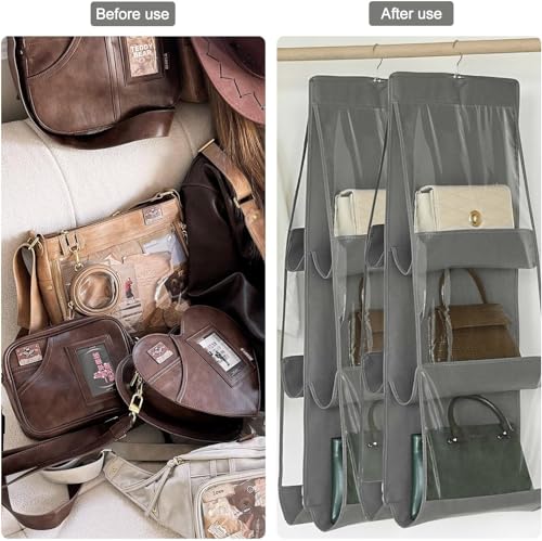 Image of Hanging Handbag Organizer for Closet | Space Saving Purse Storage | 6 Transparent Pockets | Wardrobe & Door Hanging Bag Organizer (2 Pcs Grey+Black)