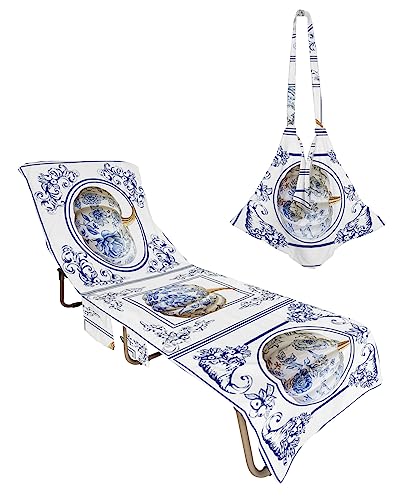 Chinese Thanksgiving, Beach Lounge Chair Towel Cover, Soft Chaise Lounge Towel with Side Pockets Patio Pool Chairs Cover for Beach/Pool Sunbathing 29x85 Fall Pumpkins Tile Floral Aesthetics Decor