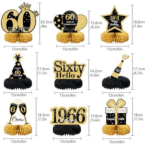 Image of 9 Pcs 60th Birthday Decorations Honeycomb Centerpieces for Women Men, Black Gold 1966 Aged to Perfection Vintage Centerpieces for Tables Toppers,Sixty Years Party Decorations Supplies