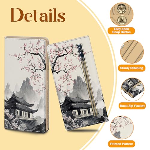 Image of Immaturus Womens Wallet, Flower Slim Thin RFID Blocking Credit Card Wallets, Tower Long Bifold PU Leather Card Holder Organizer, Cute Cash Clutch Billfold with Zipper Coin Pocket Ladies Girls Gift