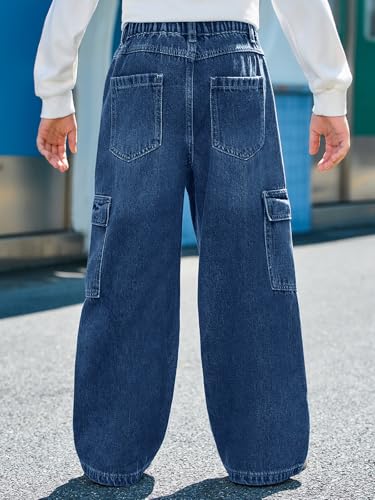 Haloumoning Boys Cargo Jeans Kids Baggy Elastic Waist Wide Leg Denim Pants with Pockets 5-14 Years4