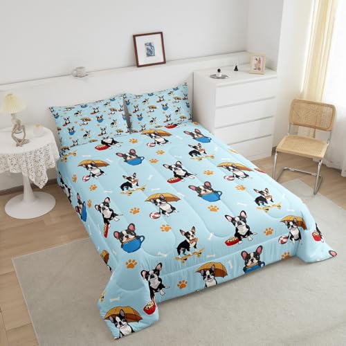 Image of Feelyou Kids Full Size French Bulldog Comforter Set Cartoon Dog Bedding Set Dog Animal Comforter for Kids Boys Girls Pet Dog Duvet Insert Kids Bedroom Decor Microfiber Bed Set