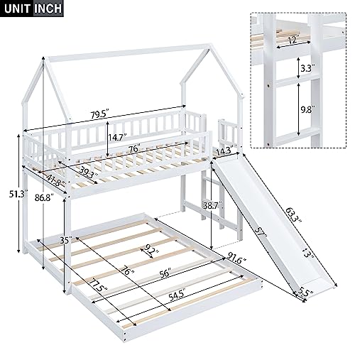 Image of Bellemave Twin Over Full Bunk Bed with Slide and Built-in Ladder, House Shaped Solid Wood Bunk Beds with Full-Length Guardrail for Kids,Teens, Adults, No Box Spring Required, White