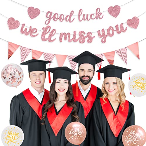 We Will Miss You Banner Decorations Rose Gold Good Luck Banner Party Decorations Triangle Flag Banner Bunting Cake Topper for Job Change Retirement Graduation Leaving Party Farewell Decorations - Image 4