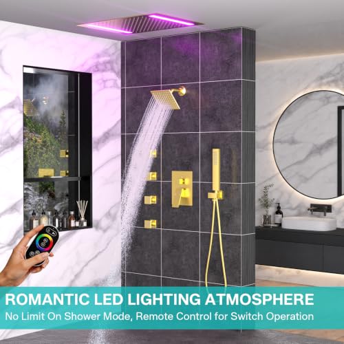 Sistema de ducha LED dual ENGA, ducha de lluvia grande de 14" x 20" + ducha de pared de 6", 4 chorros corporales con encendido/apagado individual y presión ajustable del agua, juego de grifería de ducha de lluvia, dorado cepillado miniatura 3