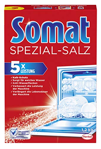 Somat Sal especial (1,2 kg), sal para lavavajillas para agua blanda, suavizante de agua para lavavajillas que actúa contra la cal para obtener resultados brillantes