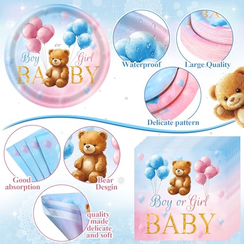 Image of Funnymoom 452 Pcs Bear Themed Gender Reveal Party Decorations for 50, Boy or Girl Gender Reveal Paper Plates Napkins Cups Tablecloth Cutlery Straws for Pink Blue Baby Shower Party Supplies