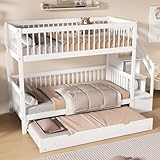 Generisch Litera con cama nido de 90 x 200 cm, cama alta con escalera y pasamanos, cama doble con protección anticaídas, cama con somier, cama de madera blanca
