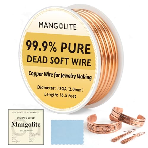 Mangolite 12 Gauge/2.0mm Copper Wire for Jewelry Making 16.5 Feet Single Spool with Polishing Cloth & COA 99.9% Pure Dead Soft Bare & Skin Safe Uncoated Craft Wire for Structural DIY & Heavy Bands
