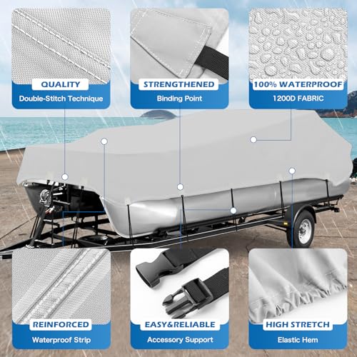 solim trailerable 1200d pu heavy duty pontoon boat cover 19-21ft waterproof oxford marine grade uv resistant polyester canvas cover boat cover for pontoon with 16 adjustable tie down straps gray