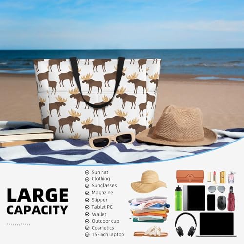 Large Beach Bags Water-resistant Sandproof - cute moose horns elk cartoon Cute Beach Tote Bags for Women with Zipper4
