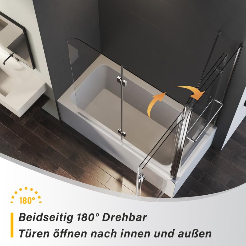 Duschwand für Badewanne mit Seitenwand 70x120x140cm 2-teilig Faltbar Duschtrennwand, Duschabtrennung Badewannenaufsatz aus 6mm ESG Nano Sicherheitsglas, 70+120cm Eck Badewannenfaltwand