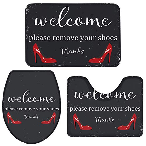Brawvy 3 Piece Bathroom Rug Set Sexy Red High Heels Welcome Remove Your Shoes Includes U-Shaped Contour Mat, Non-Slip Absorbent Bath Mat and Toilet Lid Cover Brawvy 3 Piece Bathroom Rug Set Sexy Red High Heels Welcome Remove Your Shoes Includes U-Shaped Contour Mat, Non-Slip Absorbent Bath Mat and Toilet Lid Cover
