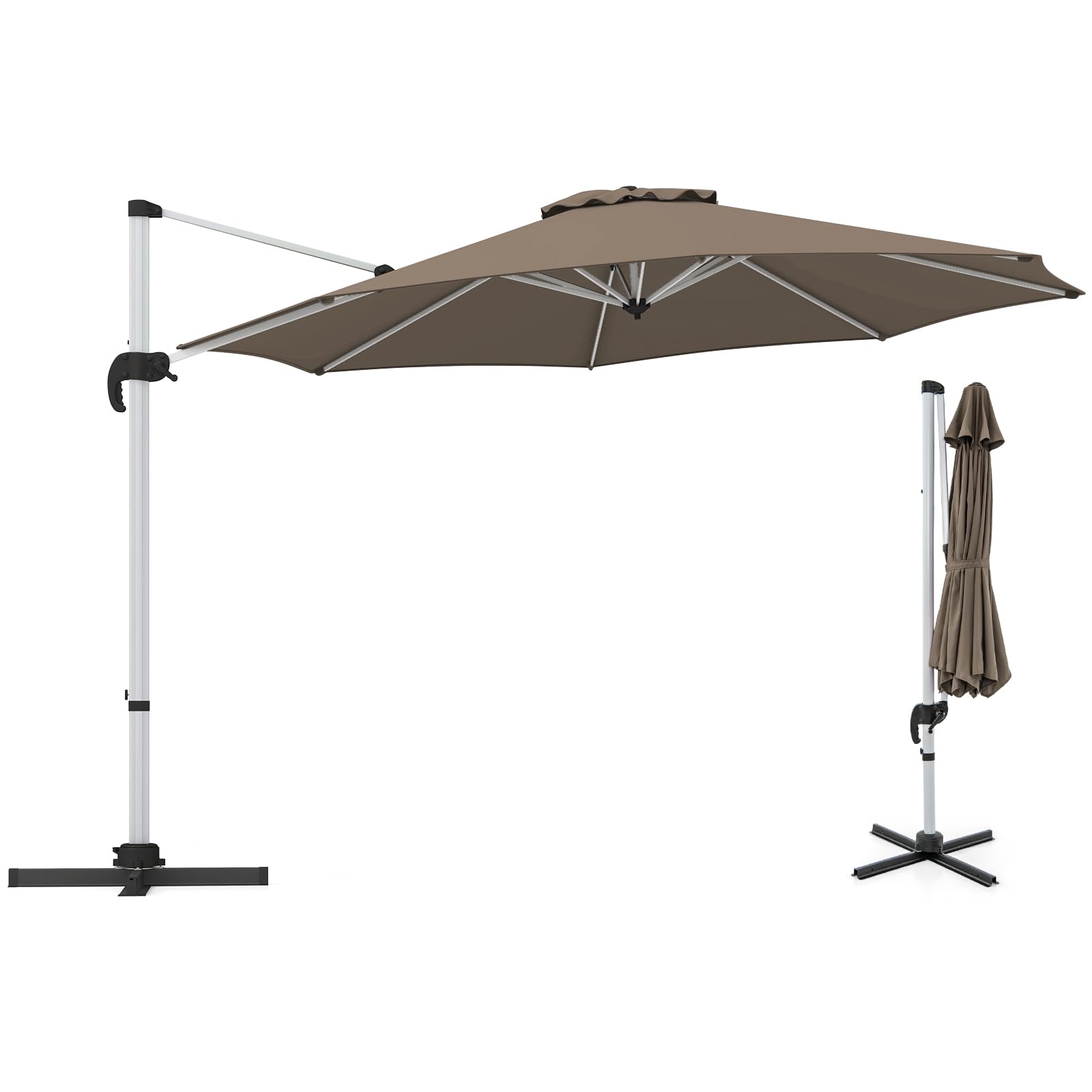 Parasol Déporté GOPLUS 3m Avec LED Solaire - Base Croisée - Inclinable à Manivelle - Pour Terrasse/Jardin