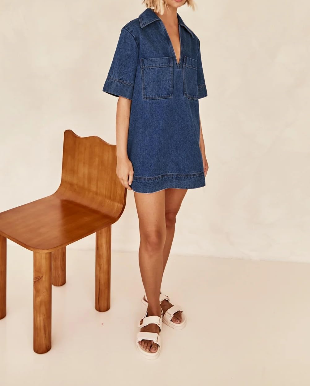 Women Blue Denim Dress Summer Deep V Half Sleeve Casual Loose Collared Shift Mini Jean Dress with Pocket - Image 6