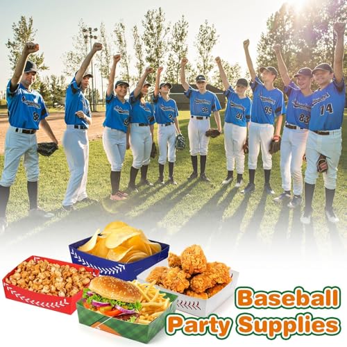 Image of Teling 36 Pcs Large Baseball Plates Party Trays 5 Lb Food Boat,4 Colors | Paper Plates with Baseball Designs, Holds Nachos Burgers Fries, For Softball Birthday Party Supplies, Serving Snack Boats