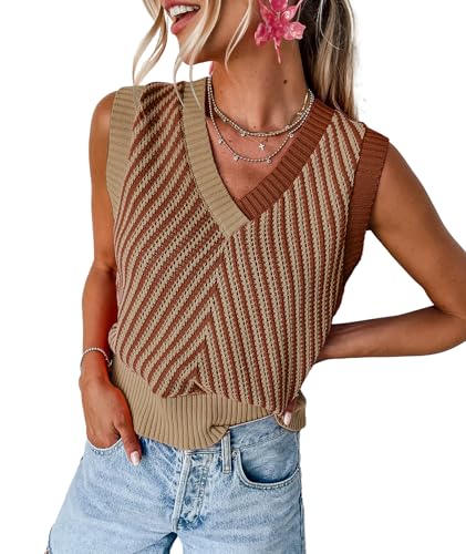 Image of MARZXIN Women Sleeveless Sweater V Neck Casual 2026 Fall Knitted Chevron V Neck Sweater Vest Color Block Pullover Sweater Top
