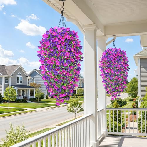 TOCHGREEN Artificial Fake Hanging Flowers Plants for Outdoor Decoration 4PCS Faux Silk Morning Glory Flowers UV Resistant Hanging Plants for Home Porch Patio Garden Decor (Purple F image 6