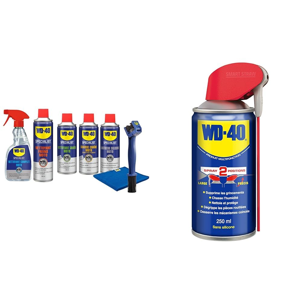 WD-40 Specialist • Kit d'entretien moto complet • Nettoyer, Lubrifier et faire briller la moto & Produit Multifonction • Spray Double Position • Sans Silicone • Non Conducteur