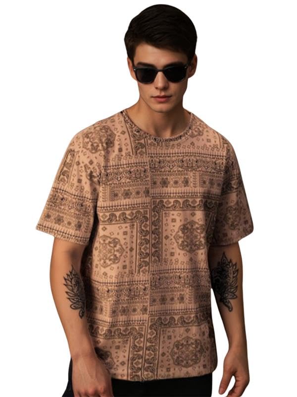 Veirdo® Pure Cotton Oversized Loose Baggy Fit Drop Shoulder Round Neck All Over Paisley Bandana Printed Half Sleeves T-Shirt for Men (Colors Available: White, Navy Blue & Beige)