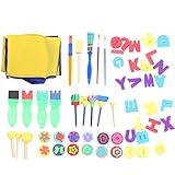 Aramox Drawing Apron Toy for Early Learning 57Pcs Sponge Paint Brushes Set Foam Stamp Toddler Painting Tools Flower Flat Brush Included