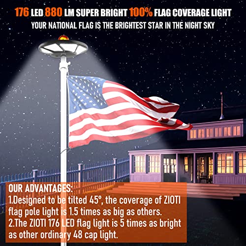 Solar Flag Pole Light 176 Led, 880 Lumen Brightest 6800Mah Solar Powered Flagpole Lights For Most 15 To 25Ft Flag Poles, 100% Flag Coverage Downlight Last Up To 10 Hrs, Ip67 Waterproof Auto On/Off #TOP1