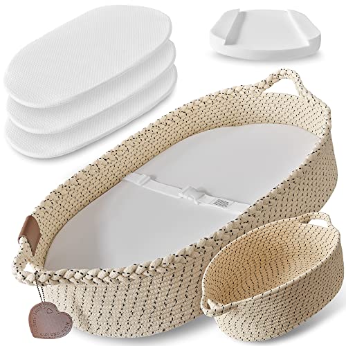 Image of Baby Changing Basket Set w/Comfy Fluted Pad, 3 Waterproof Bamboo Jacquard Covers & Large Matching Diaper Caddy, Reinforced Cotton Rope Moses Basket for Babies w/Built-in Safety Belt - CPSC Compliant