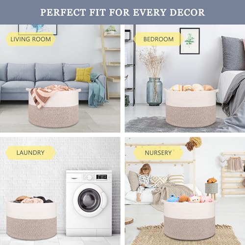 Image of Large Cotton Rope Blanket Basket, 87L Laundry Hamper, White & Brown
