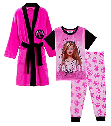 Barbie Conjunto de albornoz + pijama a juego de 3 piezas para niñas, color rosa, rosa, 9-10 Años