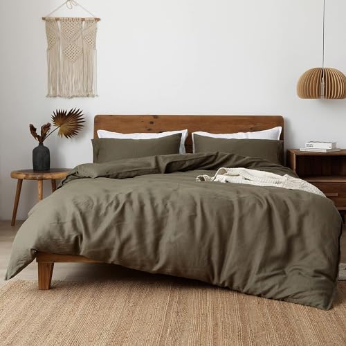 Image of XZ XIFA 100% Washed French Flax Linen Duvet Cover Set - 3 Pieces, Cooling & Textured Farmhouse Bedding for Hot Sleepers, with Zipper Closure (Olive Green, Oversized King)