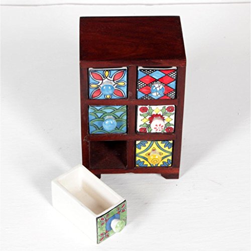 Image of 6-Drawer Wooden Chest | Handcrafted Mini Storage Organizer with Assorted Ceramic Drawers | Traditional Indian Design for Home, Kitchen, Office - 13.75x12x18 cm