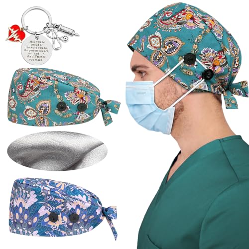 Image of 2 Pcs Satin Lined Scrub Cap Nurse Hats for Women Men 4 Buttons