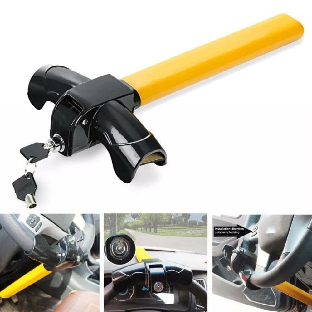 Sizi Ltd Yellow Sizi T Shape Steering Wheel Lock Rotary Heavy Duty Universal Anti-Theft Security Locking Device Auto Cars Vans Truck Safe With 2 Keys,