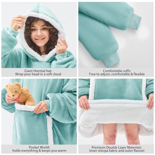 JOYWOO Wearable Blanket Hoodie,Oversized Cat Lovers Sweatshirt Blanket for Adult, Birthday Gifts for Women,Mom,Friend,Cozy Sherpa Hooded Blanket with Giant Pocket and Winter Gifts,Blue Gray Standard