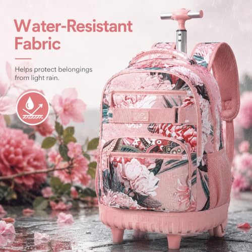 Image of 3Pcs Rolling Backpack for Girls Women, 19 Inche Adults Roller Bag with Wheels, Flower Wheeled Bookbag with Lunch Box(Pink)