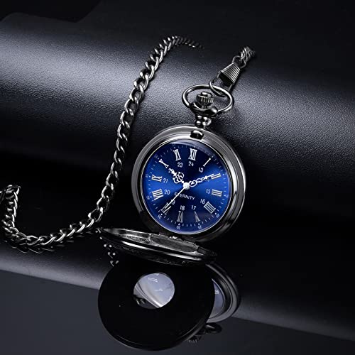 BOSHIYA-Pocket-Watches-for-Men-Vintage-Unique-Blue-Dial-Roman-Numerals-Scale-Black-Quartz-Pocket-Watch-with-Chain-for-Christmas-Graduation-Birthday-Gifts-Black-Case-Blue-Dial-Quartz-Movement