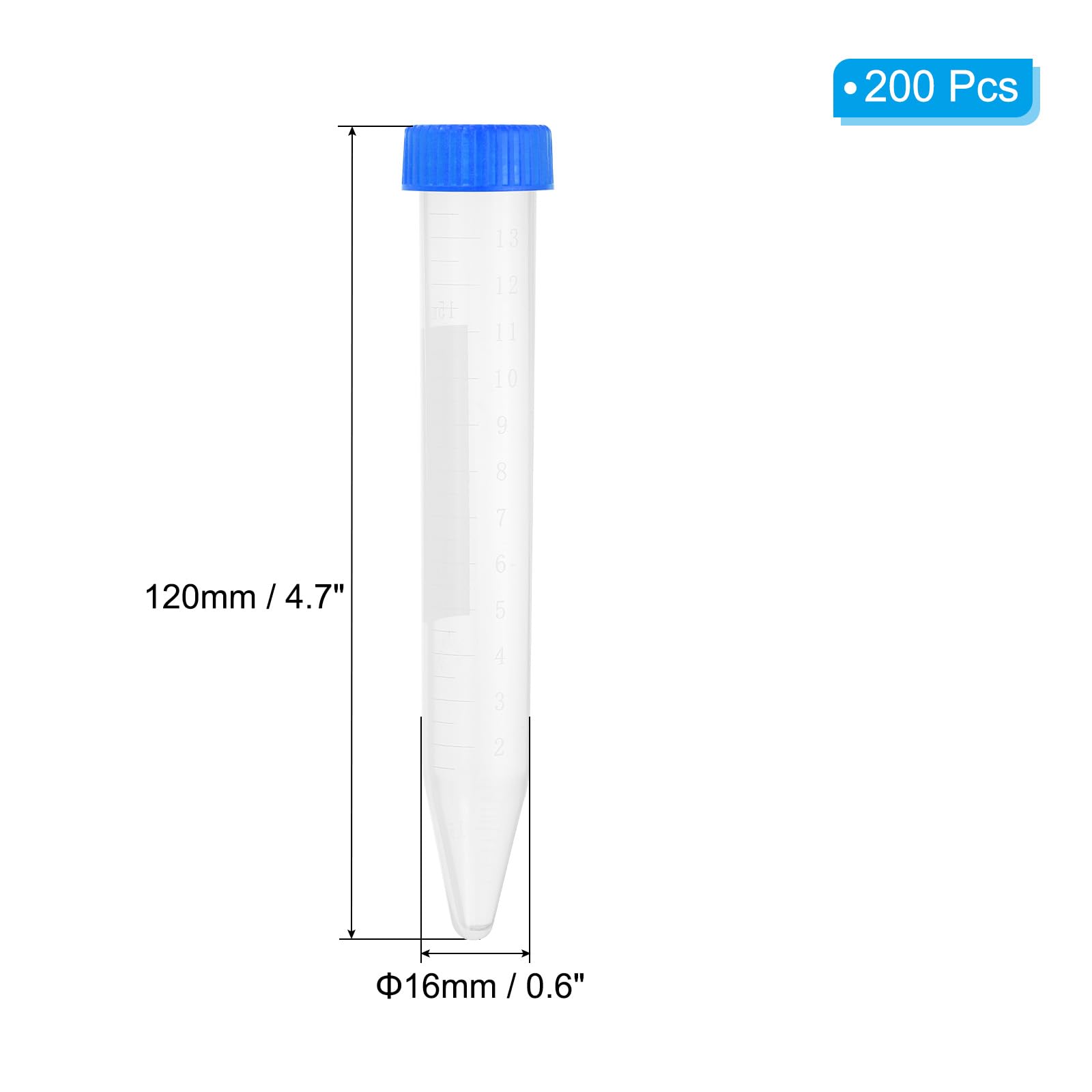 PATIKIL 15ML Tubos De Plástico Para Centrífuga, 200 Pcs Envase De Tubos De Ensayo Cónicos Con Tapas Azules A Prueba De Fugas Y Marcas Graduadas Para Líquidos De Laboratorio