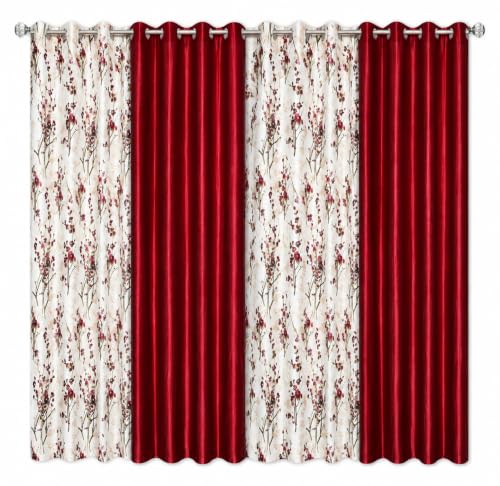 Image of 6 Feet Polyester Floral Light Filtering Window Curtains for Living Room, Bedroom & Dining Room, Eyelet Top, Maroon Printed and Solid Plain Curtain Set of 4