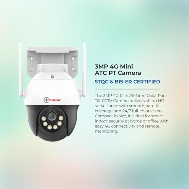 Trueview 3MP 4G Mini PT Security Camera with SIM Support | All-Time Color Vision | 360° Pan | Two-Way Audio | Human Detection | 256GB SD & Cloud | IP66 Waterproof | Alexa Compatible | STQC Certified view 2