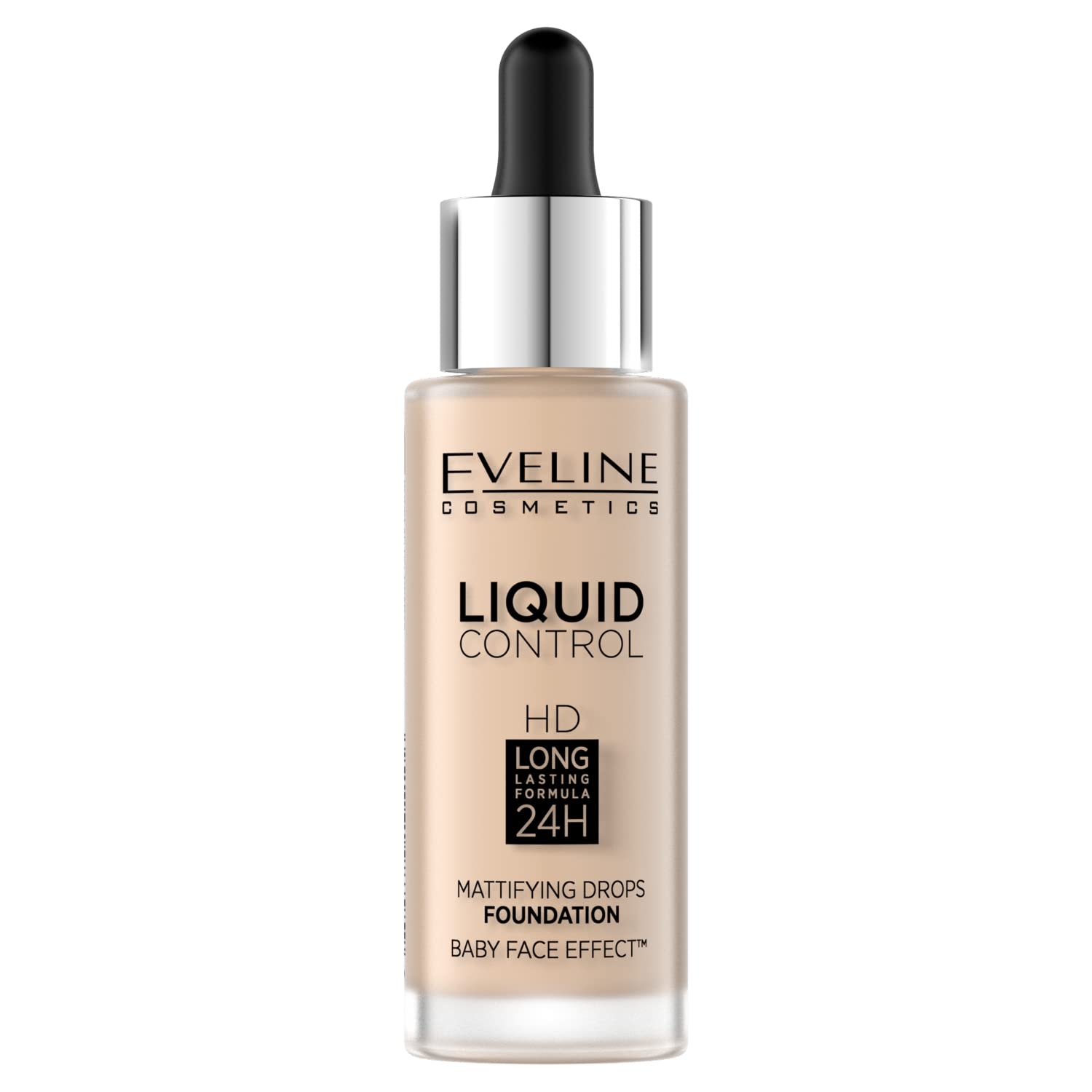 Eveline Cosmetics Liquid Control HD Eveline Liquid Control HD Long-Lasting 24H Foundation - No. 001 Porcelain - Lightweight, Breathable, Medium Coverage, Vegan Formula, 32ml