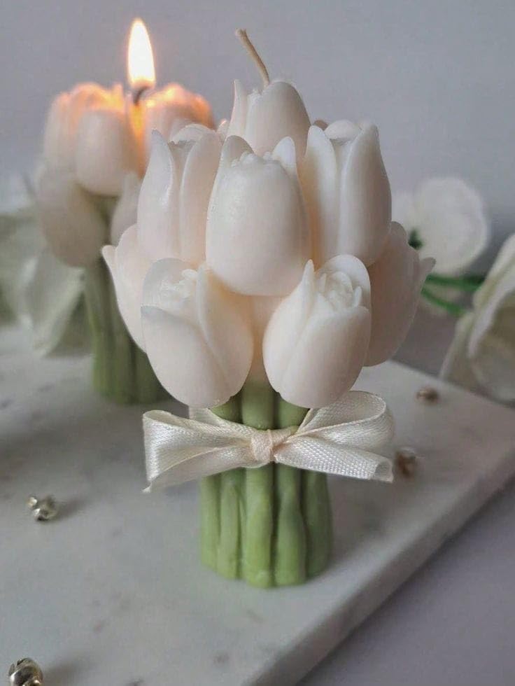 Image of Tulip Flower Scented Candle, Pink and Green, Decorative Bouquet Design for Home Decoration and Gift (6, White)