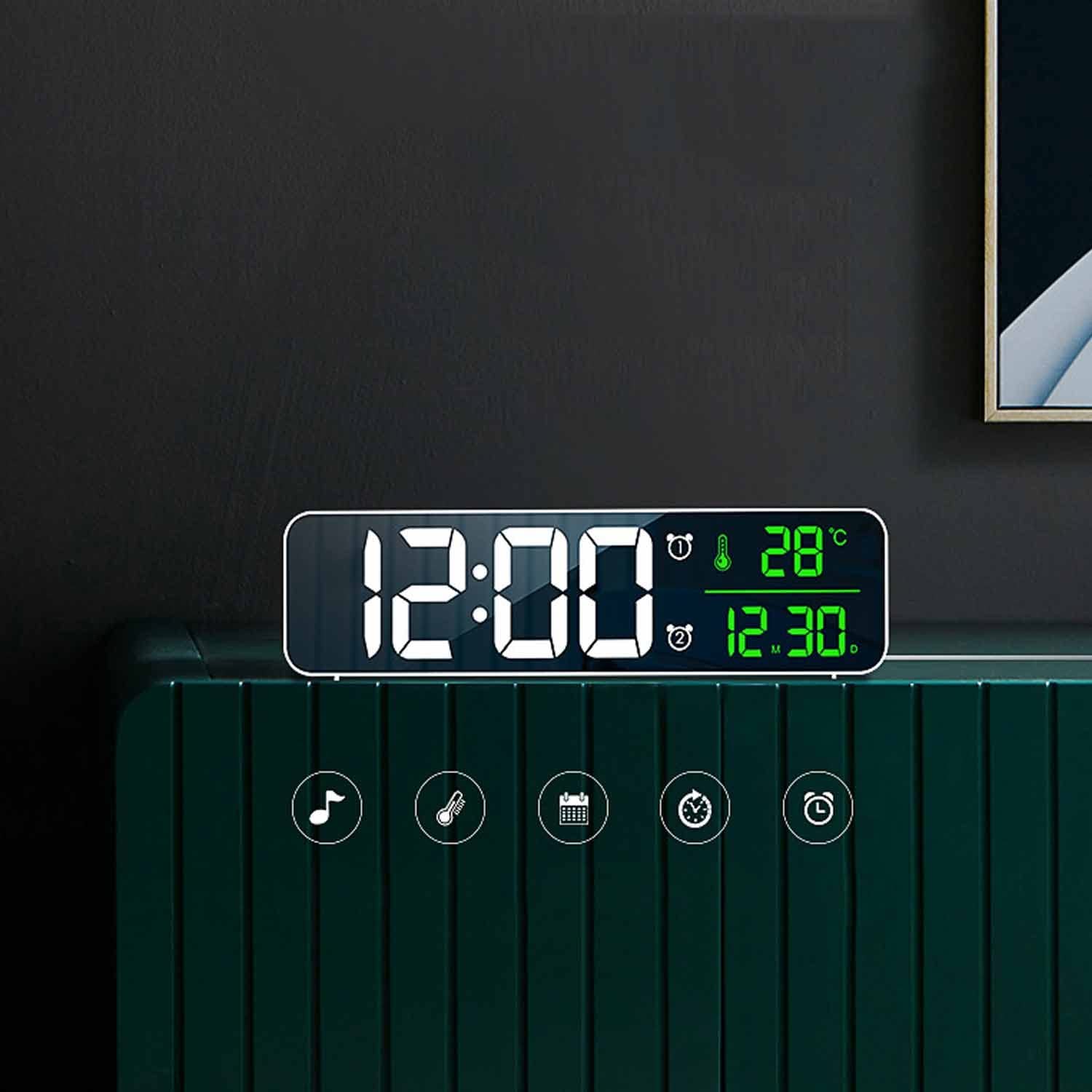 Reloj Despertador Digital, Reloj Despertador de Cabecera con Temperatura y Pantalla LED Grande, Reloj Espejo con 2 Alarmas,Brillo Ajustablede Adecuado para Dormitorios Escolares en Casa