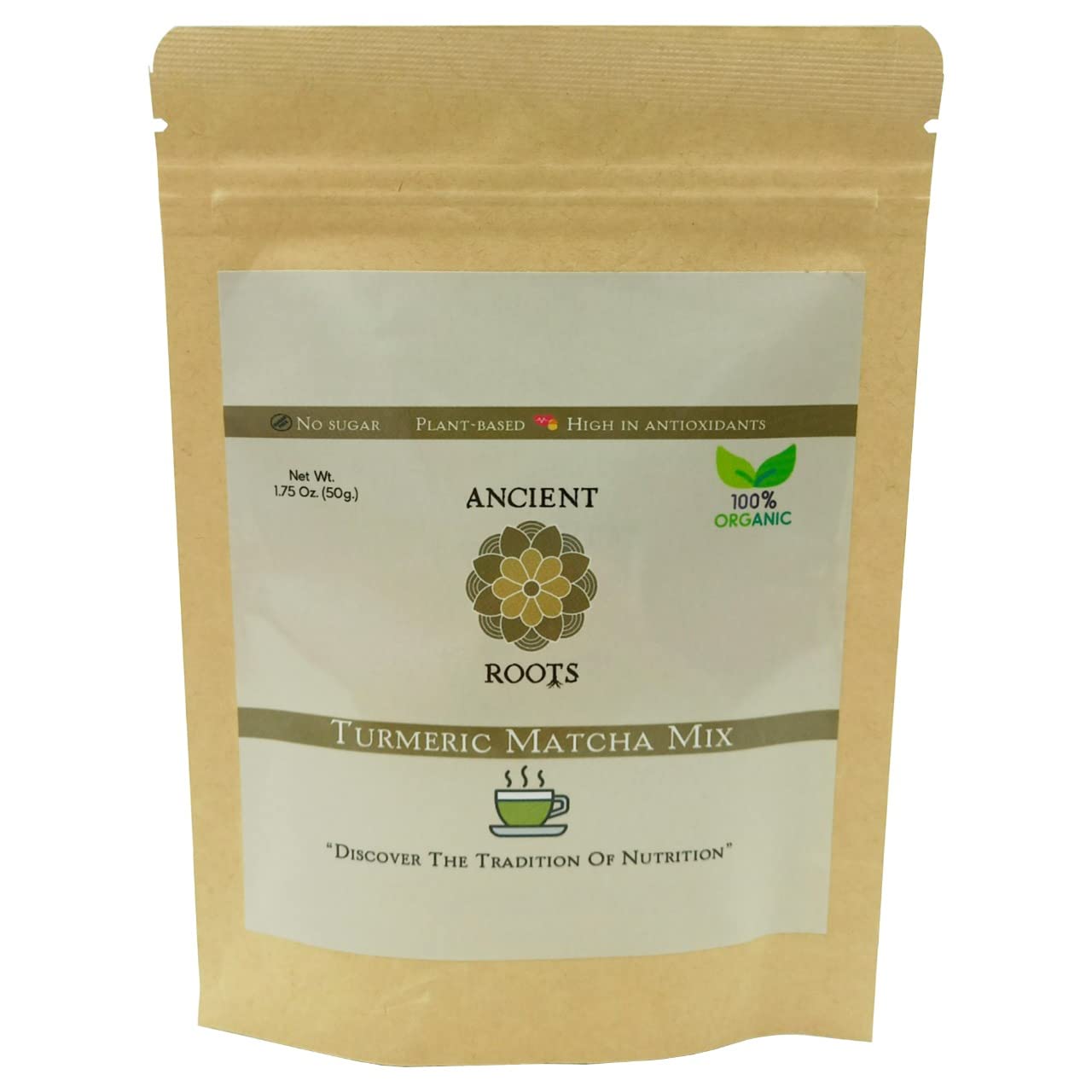 Ancient RootsTurmeric Matcha Mix - With Cinnamon, Ginger, and Black Pepper - All-Natural, Low-Calorie, Powdered Tea Mix, Sugar-Free 1.75 ounce