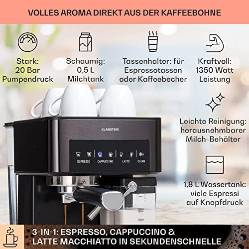2. Bild von Klarstein Espresso Siebträgermaschine mit Milchaufschäumer, 1,8L Mini-Espressomaschine mit Siebträger, 20 Bar Edelstahl-Kaffeemaschine Klein, 0,5L Milchtank, 1350W, für Gemahlenen Kaffee 1.8L