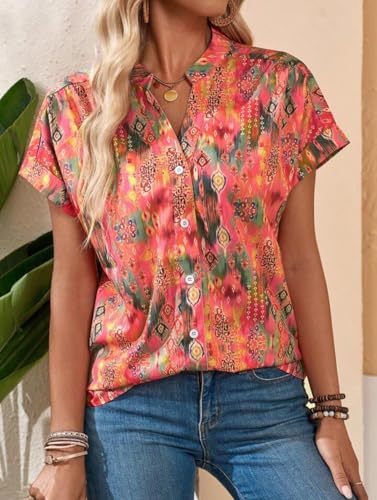 Image of LIRIT Women Orange Printed Button-Down Shirt | Short Sleeves, Collared Neck & Casual Fit | Women's Shirt & Top